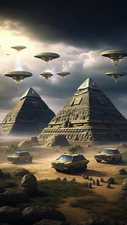 Ancient pyramids with fururistic technology, homes around. People driving spaceships. Thunderstorm