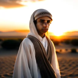 A Saudi teenager wearing a shemagh and a white dress in a desert with a sunset behind him