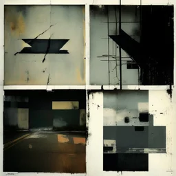 Minimal contemporary abstract oil paintings of desolate 1960s carpark with road markings and concrete fragments. Overlay with grungy typography graphics. style of Justin Mortimer and Francis Bacon.