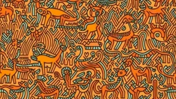 A light rosy orange color savanna filled with animals painted by Keith Haring