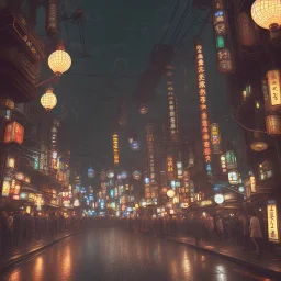 low-light japanese city street with laterns and clouds, full of people, map view, realistic, steampunk, 3d-art, futuristic, minimal design, unreal engine, ray-tracing