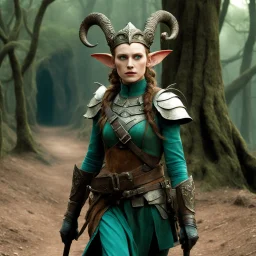 (Monthy python and Pan's Labyrinth (2006)) heavily armed female elf on the march, rusty and dusty with a sharp pole arm