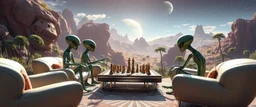 aliens playing chess in lounge on beautiful lush planet
