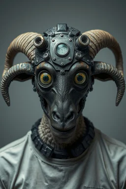 a portrait of a broken head mechanic, man is eating a hybrid mixed body part sheep, giant eyes sheep alien style H.R giger look