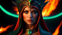 Armageddon. ragnarok. molten lava. 18 year old female sorcerer. fantastic beautiful emerald green eyes. blue and orange fire. red spexquisite realism, a masterpiece, fantasy concept art, dynamic lighting, hyperdetailed, intricately detailed, deep color, Unreal Engine, volumetric lighting , Epic cinematic brilliant stunning intricate meticulously detailed dramatic atmospheric maximal, CAMERA: Nikon Z7 | FOCAL LENGTH: 105mm | SHOT TYPE: Close-up | COMPOSITION: Centered | LIGHTING: Soft, directiona