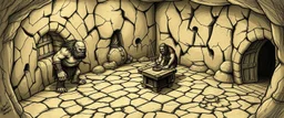 artist drawn fantasy map of 4x4 meter room, with an ogre and an orc captain, and a chest under a table, the room is rough and cavelike, we also see winding paths around the room