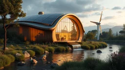 2031. Innovative environmentally-friendly home, solar panels, water wheel in river, alternative energy, wind turbine, scientific experiment, home of the future, amazing curved architecture, fantasy, robotic, magic, automated, spectacular, futuristic, practical, beautiful lighting, attractive composition, photorealistic, extremely detailed, chiaroscuro