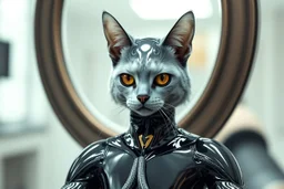 full body portrait of humanoid shiny yoga cat crow air captain racer semi transparent hypnotic kind eyes in front of mirror