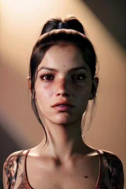 Ultra Realistic image, Rosalía artist, portrait, small complexion, natural small busty, traditional Japanese tattoo, jakuza style, vibrant color, highly detailed, art stations, concept art, smooth, unreal engine 5, god rays, ray tracing, RTX, lumen lighting, ultra detail, volumetric lighting.