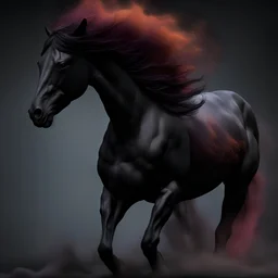 FumeFx extra detail, retimed vorticity simulation, black sand horse dissolving into particles and mystical dust, swirling, mysterious, vivid colors