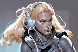 a blonde, white woman with a headset who is sitting down typing on a laptop, graphic novel, highly detailed in the comic style of travis charest,