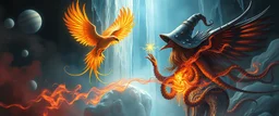 fire smoke and fog and light rays, phoenix jellyfish octopus bird witch in chrome reflective icy waterfall looks beyond really powerful slapping a bird in the face with fire, fantasy illustration, in the style of Rembrandt, planetary saturn background