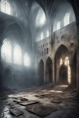 dark fantasy art of a medieval abandoned hall