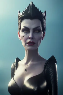 Lene Nystrøm as evil queen in black leather, busty, cleavage, voluptuous, Aqua Lene, angry, stern look. character design by cory loftis, fenghua zhong, ryohei hase, ismail inceoglu and ruan jia. unreal engine 5, artistic lighting, highly detailed, photorealistic, fantasy