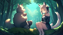 Girl, animal tail, animal ears, sit , night, forest