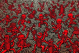 A dark red festival with bells painted by Keith Haring