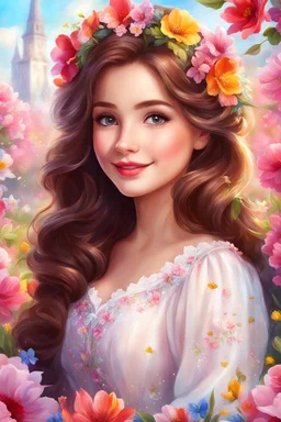 Adorable digital painting of a beautiful young girl fully dressed in gorgeous spring petals, portrait of Belle, magical wreaths, front view, beautiful smile, long brown hair, big eyes, beautiful face, rosy cheeks , red lips, Belle's face, digital art, surrounded by colorful spring flowers, beautiful scenery in the background, romantic style, magical world, high quality, 4k