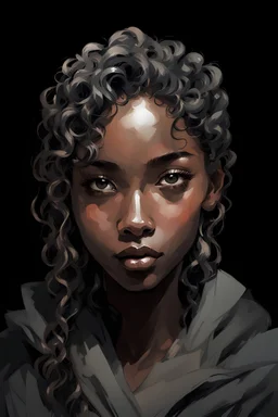 Portrait of a young female with long curly bangs covering her forehead. Include gray eyes, with a dark skin complexion. Draw the portrait in the style of Yoji Shinkawa.