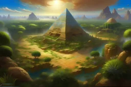 @pacx pyramid in center of an ancient mars civilization that looks like ancient summerian, mars like earth in the center of a lush garden in front of a pyramid in Eden, in the garden of eden, this garden is a magical oasis surrounded by a vast and golden desert, Hyper Detailed Face, Photorealistic, Intricately Detailed, Oil Painting, Heavy Strokes, By Jean Baptiste Monge, By Karol Bak, By Carne Griffiths, Masterpiece, Unreal Engine 3D;