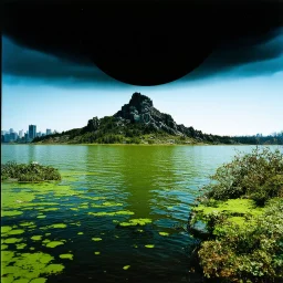 Sublime foto close-up polaroid ad alta definizione di una montagna rocciosa, un lago, surreale, colors, cityscape scifi, collage art, dadaism, sublime, splimapys nero, cielo nero, acqua nera riflette un sole nero, macabre piante circondano il lago, alghe, hypermaximalist, Max Ernst style, strangeness, intricate, hypnotic, obsessive, Yves Tanguy, 8k, deep 3d field, very accentuated details of the rocks and sht frn, eerie, artistic photo, shot on Hasselblad, large format film, medium format film