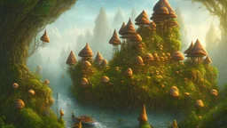 Gigantic mushroom village with balconies, archways, stairs, bridges, bushes, spanish moss, ivy, river, a winding pathway through the middle, in a valley