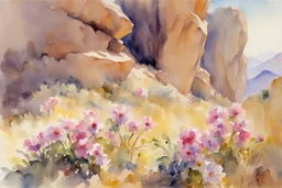 Sunny day, flowers, mountains, rocky land, fantasy, sci-fi, john singer sargent watercolor paintings