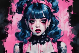 Poster in two gradually, a one side malevolent goth vampire girl face and other side the Singer Melanie Martinez face, full body, painting by Yoji Shinkawa, darkblue and pink tones,