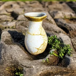 artistic photo of a tiny cracked ceramic vase repaired with gold, kintsugi, garden setting, beautiful landscape photography, beautiful, vines and leaves, delicate, cinematic, high detail, beautiful composition, delicate arrangement, aesthetic, soft lighting, award winning photography, tender