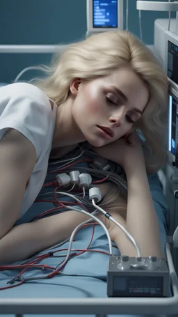 photorealistic hyperdetailed very small young woman with blonde hair lying asleep on a hospital large bed with a heart monitor and tubes attached