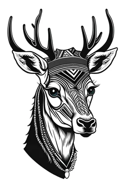 a deer dressed and with the hairstyle of Rastafari as black and white vector logo