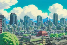 A dramatic landscape shot from 'Embers of Tomorrow', depicting a neon-soaked Gastown in Vancouver, its skyline dominated by towering skyscrapers and massive digital billboards. A thin layer of smog hangs in the air, partially obscuring the cityscape. Yui and Toshi are captured entering the city, their farming gear contrasting sharply with the high-tech urban jungle.