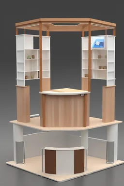 Corner exhibition stand in light colors with wood elements with two meeting areas