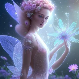 one big crystal subtle flower in a galactic ambiance with a beautiful girl fairy, transparent petals, delicate colors, in the foreground, full of details, smooth，soft, shine light atmosphere, light effect，vaporwave colorful, concept art, smooth, extremely sharp detail, finely tuned detail, ultra high 3d depth, definition,incrate detail, 8 k, unreal engine 5, ultra sharp focus