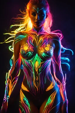 Beautiful woman body painting art neons glowing light in the dark and colorful details