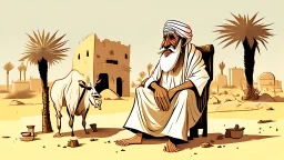 Old man, Arab, turban, white clothes, cattle, desert, council, sun, palm trees, mud houses, holding a stick, looking forward, a very slight smile.cartoon,Sitting on a chair,long beard,Mouth slightly open