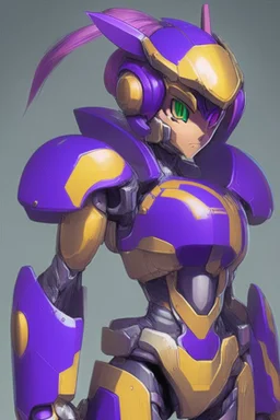 A Genderless Cyborg made of metal, has a human like face with a long violet ponytail, the cybord is wearing armor similar to Megaman Omega. The color palatte of the armour is deep purple and yellow.