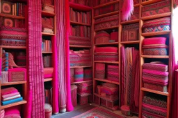 A pink arcane library made out of Navajo yarn designed in Kuna Molas