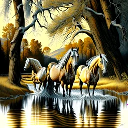 Three-horse ink graphic Palomino on the plain trees river full body hyperdetailed 4k