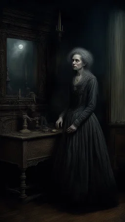 , beautiful and highly detailed , meticulously detailed dark sky, strange witch; ethereal fantasy hyperdetailed mist, maximalist matte painting, polished, realistic oil painting; a portrait of a sad woman,painting, old fashioned, vintage, antique, beautiful, bleak environment, gothic, spooky, eldritch, 16k