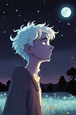 one non-binary person looking up to a tall ethereal person in a pasture at night during fall cartoon style