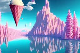 mountain topped with pink ice-cream, lake, trees, mystical, Neo-Dada,