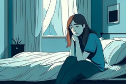 Ilustrasi gadis yang duduk di atas tempat tidur di sore hari. Wajahnya murung dan sedih.