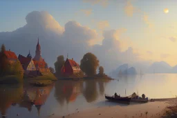 Peder Monk Monsted style, Danube beach, blue sky