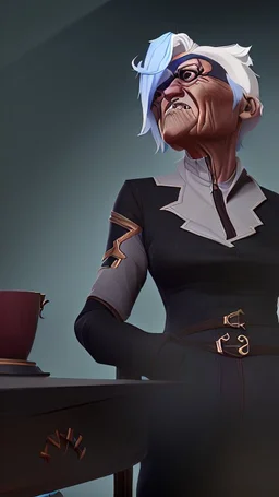 An old woman with white hair and an eye patch