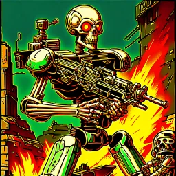 90's TCG art retro fantasy art of skeleton robot firing machine gun