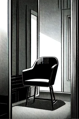 chair in the middle of an empty room, grayscale