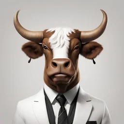 2D, a (brown bull [Billy] with horns) wearing a white shirt and black tie. Happy face. No text. White background