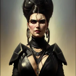 painted portrait of evil goddess in black leather, angry, strong, volouptous, busty, cleavage, emperious, mature, highly detailed, digital painting, artstation, concept art, smooth, sharp focus, illustration, art by gaston bussiere and alphonse mucha