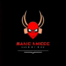 minimalist logo for rock band orange text "SARDONIC HARMONY" in a futuristic robotic font, sinister evil marshmallow head with headphones and red flames, dark negative space, stylish, WTF!