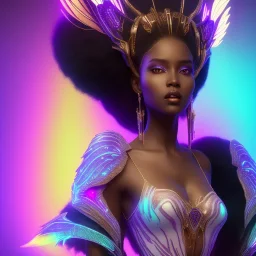 full body shot, masterpiece, best quality, black skinned, sparkling eyes, long hair, gorgeous African Fairy queen,wings,fluorescent skin,light blue makeup,synthwave, light indigo, trasparent , irridescent, highly detailed body, sun light, 4K, RAW, depth of field, high contrast, realistic details, 24mm vaporwave aesthetic, synthwave, artstation, concept art, smooth, extremely sharp detail, finely tuned detail, ultra high definition, 8 k, unreal engine 5, ultra sharp focus